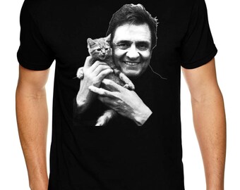 Johnny Cash With Kitten - Premium Sueded T Shirt