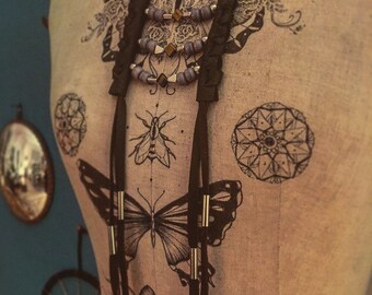 Small black leather necklace, chain and silver beads, glass beads and tigers eye