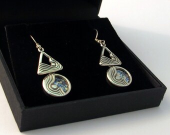 Unique Long Blue Roman Glass Jewelry Round Triangle Sterling Silver Dangle Earrings