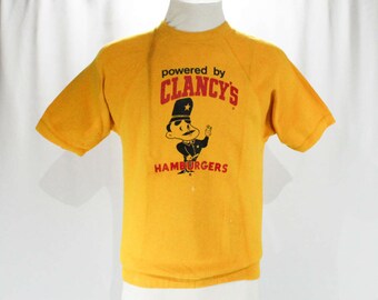 Men's Small 1950s Sweatshirt - Clancy's Hamburgers Mens 1960s Sweater - Mustard Yellow Cotton Knit Athletic Pullover - Chest 40 - 47921