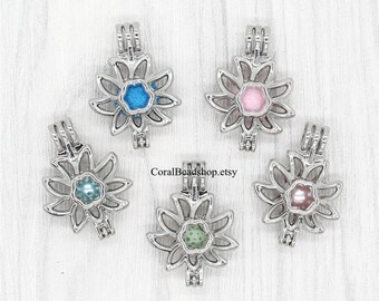 5pcs Sunflower Pearl Cage, Openable Double-sided Flower Cage Locket Pendant Aromatherapy Perfume Diffuser Locket Charms-AL195