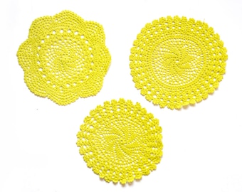 3 Lime green hand dyed Crochet Doilies Vintage doilies