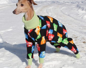 Italian Greyhound Beatles Fleece PJs, Small Dog pajama onesie with turtleneck, Size 13”-14” (10024) Chinese Crested, Min Poodle, Min Pin