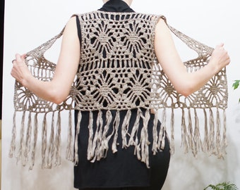 Vintage Knitted Vest with Fringe, Bohemian Fringe Vest S M festival vest top