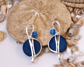 Coconut Shells, Blue Dangle Earrings, Big Earrings, Blue Earrings, Blue Jewelry, Ocean Blue Earrings, Royal Blue Earrings, Wirewrapped