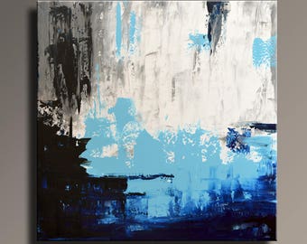 ORIGINAL ABSTRACT PAINTING 36" White Gray Blue Black Painting Canvas Art Contemporary Abstract Modern Art wall decor #SQ05i8
