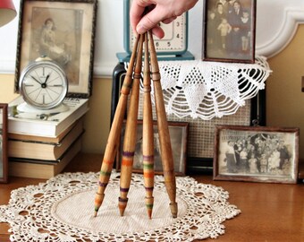 Wood Spindles - Primitive Bulgarian Spindles Set of 4 - Antique Spindles - Wool Spindles - Turned Wooden Spindles - Rustic Decor