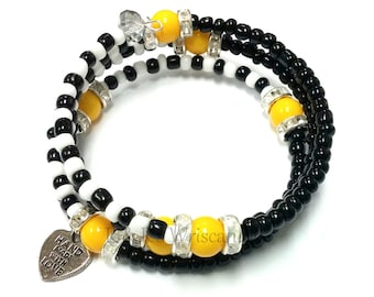 Black and White Beaded Bracelet, Coil Bracelet, Beaded Coil Bracelet, Wire Bracelet