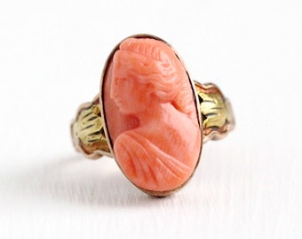 Sale - Antique Cameo Ring - Vintage 10k Rose & Yellow Gold Genuine Cameo Jewelry - Edwardian 1910s Size 3 Two Tone Carved Lady Organic Gem