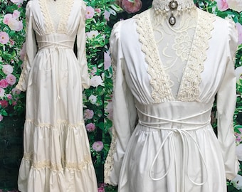 Gunne Sax 70s Cream Cotton Lace Crochet Maxi Prairie Dress Sz 9