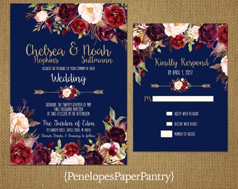 Elegant Rustic Fall Wedding Invitation,Navy,Burgundy,Blush,Marsala,Roses,Floral Arrow,Gold Print,Shimmery,Romantic,Custom,Printed Invitation