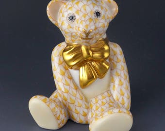 Herend Ornament Baby BEAR Cub Sitting Fishnet Figurine 15538 Butterscotch Yellow