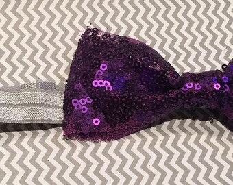 Purple Sequin Bow and Grey Elastic Headband
