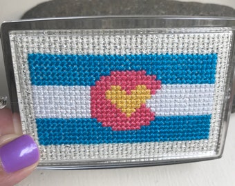 Colorado Love Keychain CO Flag with Heart, Completed Cross stitch same design both sides in bright teal colors keyring fun cute gift