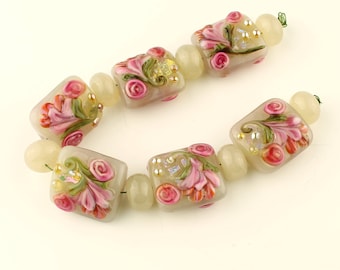 Lampwork Glass Bead Set Garden Florals, Cream with Pink Flowers