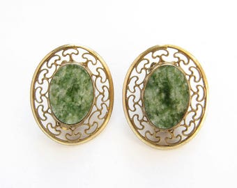 Vintage Winard Earrings 1/20 12K GF Openwork Gold Filled and Mottled Green Stone Clip Earrings