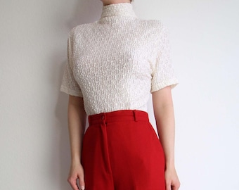 VINTAGE White Lace Blouse 1990s Mock Neck Top Shortsleeve Medium