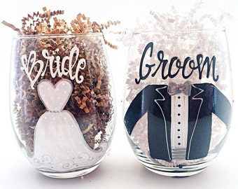 Bride Groom Glass Set / Painted Stemless Wine / Wedding Bridal Party / Bachelorette / Custom / Personalized / audrastyle