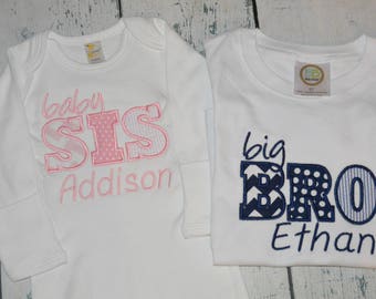 Custom Sibling tee and infant Gown Set Personalized Big Brother Big Sister Little Brother Little Sister