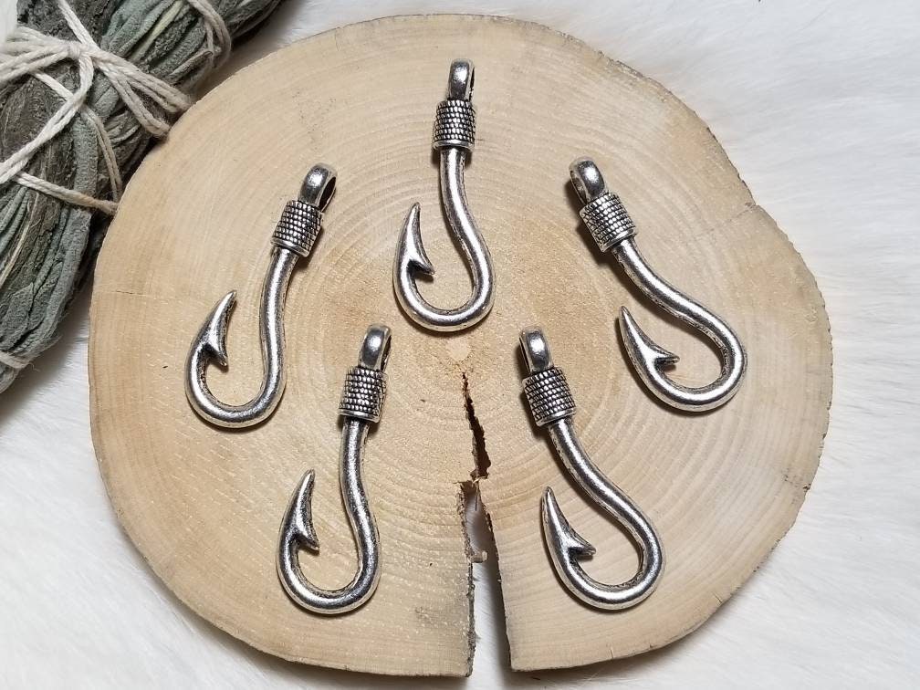 5 Antique Silver Fish Hook Pendants 1 3/8