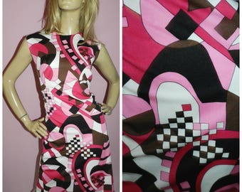 Vintage 60s Pink/Black/White GEOMETRIC print Dolly MOD Scooter dress 16 L 1960s Kitsch PSYCHEDELIC