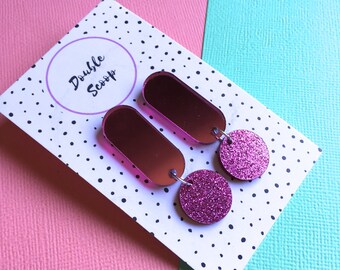Pink Exclamation Mark Earrings- mirrored and glitter acrylic