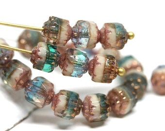 6mm Fancy Cathedral czech glass beads Mixed Blue Beige color Golden ends fire polished round beads 20Pc - 2869