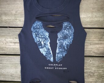 COLDPLAY Navy Blue Rebel Fray Custom Distressed Tank Top Shirt Women's S