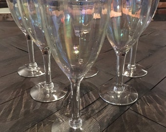 Vintage Iridescent Wine Glasses Optic Opalescent Set of 7 Paneled Stemware