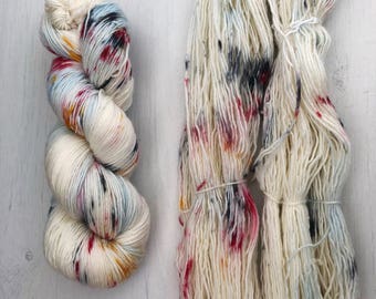 Hand dyed yarn, single ply yarn, yarn, knitting yarn, merino, speckled, colorful