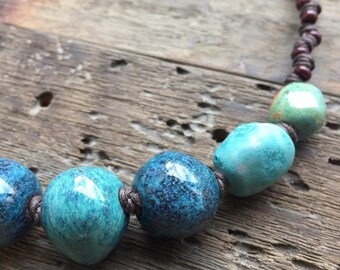 Blue ceramic necklace. Ceramic jewelry. Ceramic jewellery. Boho beads. Ceramic beads.