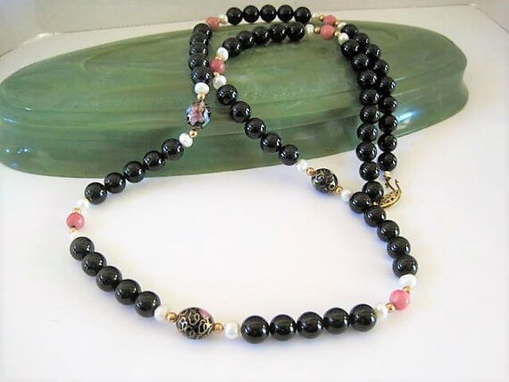 Black Glass Bead Necklace, Cloisonne Spacers, 26 Inches with Gold Tone Clasp