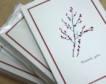 Winterberry Branch Thank You Notes 100% Recycled Handmade Note Cards, Set of 8, Winter Berry