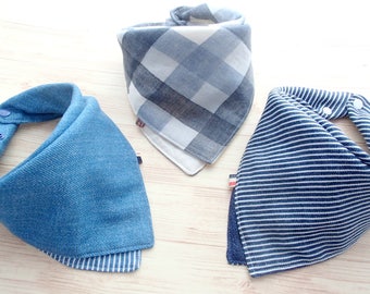 Baby Bib, Set of 3, Baby Bandana Bib, Reversible Scarf Bib, Solid Navy Blue Denim Print, Gray Plaids, Stripes, Boy, Girl, Cotton, Jingle Bib