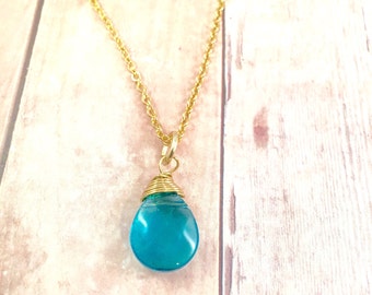 Turquoise Gold Necklace, Blue Teal tear drop pendant Necklace, Wire Wrapped bead Necklace, gold Necklace, Gift for Her, Christmas Gift