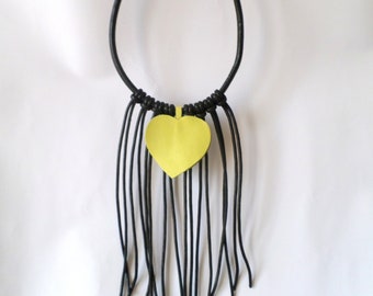 Black leather necklace with yellow heart, Fringe necklace, Leather chocker, Gift for Her