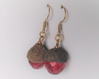 Earrings made of real acorn cap and glass beads