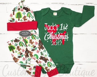My First Christmas Outfit, Baby Boy, Personalized Bodysuit, Retro Reindeer Christmas Leggings & Hat, Baby Boy's 1st Christmas Outfit
