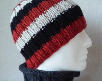 KNITTING PATTERN/SAM Stripe Ribbed Beanie/Easy Beginners/Knit Straight Striped Mans Hat/ Mens Knitting Pattern/ Mens Beanie Pattern/AranWool