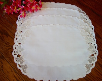 Four White Placemats Set of Vintage Cotton Blend Place Mats Sheer Leaves