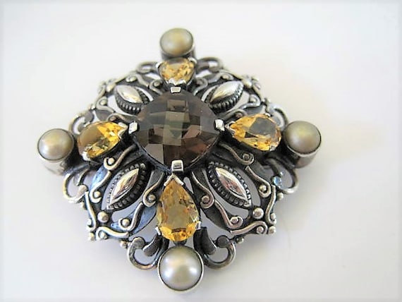 Sterling Topaz Brooch, Pearl Enhanced, Signed NDA, Vintage 925 Pin