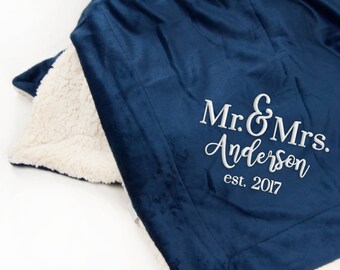 Personalized Mr. & Mrs. Blanket, Custom Wedding Gift, Fleece Blanket, Custom Blanket, Sherpa Blanket, Engagement Gift, Navy Blanket, Wedding