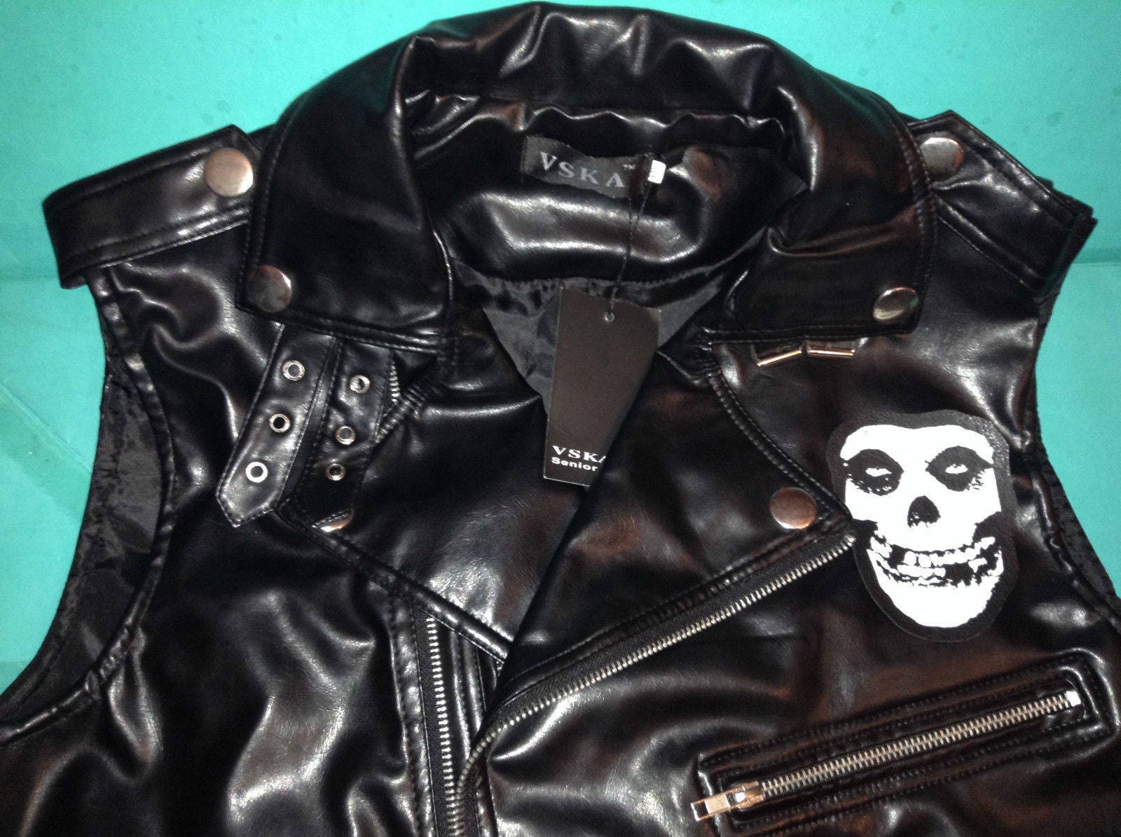 Misfits Crimson Ghost Skull Logo Black Faux Leather Biker