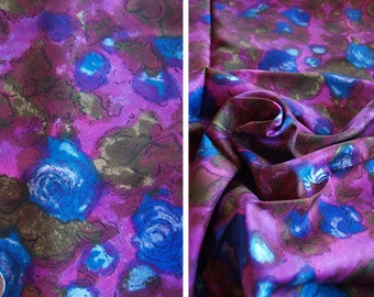 Destash fabric by the yard | New old stock vintage violet watercolor print faux silk fabric by the yard