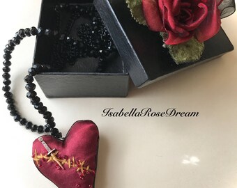 Heart, heart neckless, fabric heart, broken heart, wounded heart, dagger in the heart