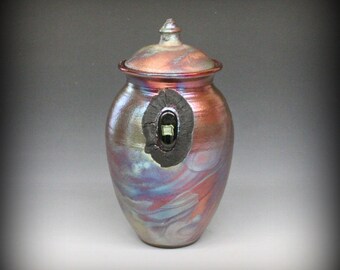 Raku Urn with Dichroic Glass in Metallic Iridescent Colors