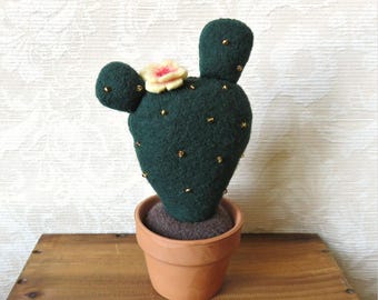 Plush Blooming Prickly Pear Cactus in Dark Green Wool, Eco Friendly Home Decor, Stuffed Cactus Pincushion