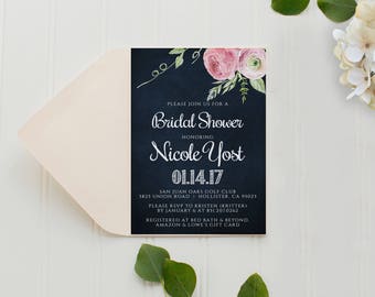 Bridal Shower Invitation, Printed Invitation with Envelope, Blush Pink Watercolor Flower, Pink Peony Bridal Shower