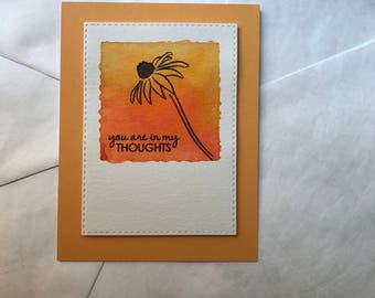 You Are In My Thoughts Black Eyed Susan Flower Over Watercolor Square of Yellow and Orange