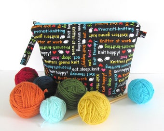 Knitting Bag, zipper Crochet Bag, Medium shawl sweater knitting project bag, Knit Therapy Christmas gift for Mom